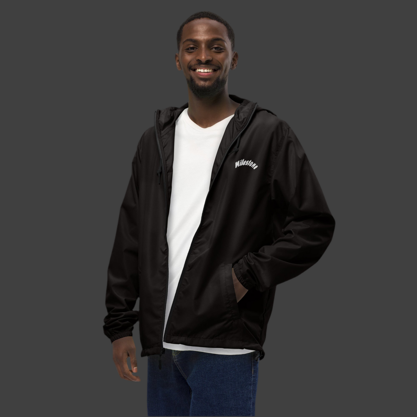 Unisex Lightweight Windbreaker – Black / Aqua White | Milestone Atelier