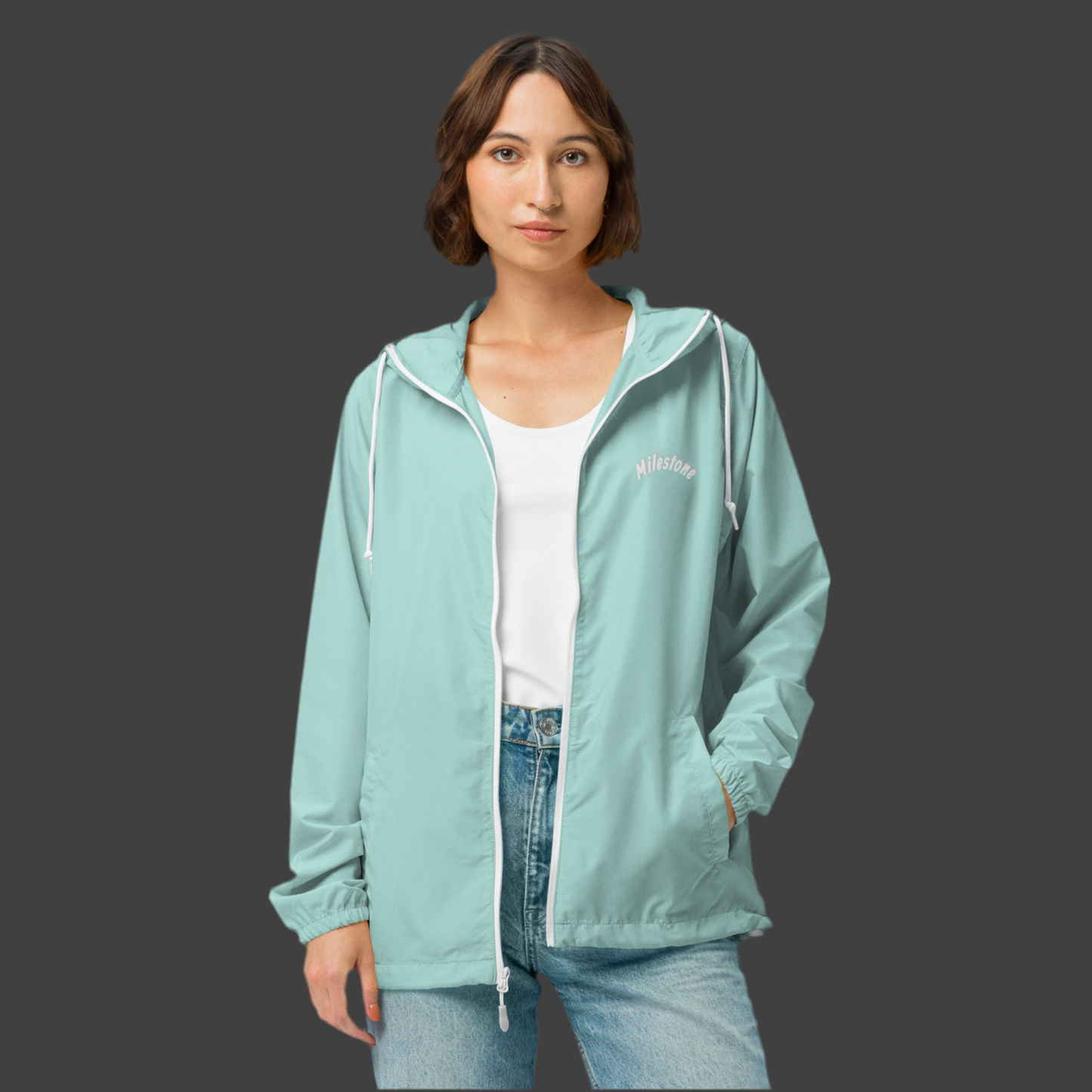 Unisex Lightweight Windbreaker – Black / Aqua White | Milestone Atelier